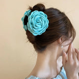 DAIIIBABYYY  -  Cloth Flower Hair Claw Large Simulated Flower Acrylic Rose Hair Catches Ponytail Holder Blue Hair Crab Clip Beach