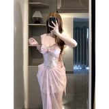 Daiiibabyyy  Vintage French Pink Dresses for Women Summer Jacquard Lace Sexy Spaghttti Strap Dress Party Night Robe Rose Fairy Vestidos