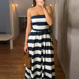 Daiiibabyyy  Striped Print Fashion Summer Long Dress Sexy Strapless Waist Pleated Holiday Dress Women Elegant Sleeveless Pocket Party Dresses