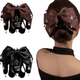 Daiiibabyyy  2Pcs Non-Slip Multi-Layer Bow Hair Claw Large Size Satin Fabric Tassel Pendant Shark Clip Acrylic Crystal Teardrop Hair Clips