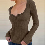 DAIIIBABYYY  -   Women Plain Ribbed Knit Slim Fit Pullovers Top Front Button Long Sleeve Sweater T-shirt Vintage Grunge Y2K Aesthetic Jumpers