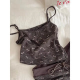 Daiiibabyyy  2Cute Bow Print Ribbed Loungewear Set Women Adjustable Thin Strap Tank Top Elastic Short Pants Daily Nightwear