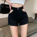 DAIIIBABYYY  -  Sexy Hollow Out Denim Shorts Women High Waist Y2K Chain Shorts Streetwear Retro Slim Female Summer Black Jeans Shorts New