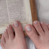 Daiiibabyyy 24Pcs Simple French False Toe Nails with Rhinestone Wearable Glitter Toe Fake Nails Shiny Powder Press on Nails Full Nail Tips