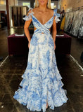 Daiiibabyyy  New Fashion Sexy Sleeveless V-neck Spaghetti Strap Backless Fit And Flare Swing Print Floral Slim Fit Split Floor-Length Dress