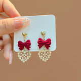 DAIIIBABYYY  -  New Romantic Winter Red Velvet Flocking Bow-knot Earrings Korean Fashion White Furry Ball Multi-style Dangle Earring Jewelry