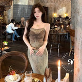 Daiiibabyyy  Butterfly Vintage Print Sling Dress Elegant Spice Girls Bodycon Slim Vestidos Luxury Pure Desire Temperament Long Dresses