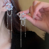 Daiiibabyyy  Shiny Zircon Long Chain Tassel Pendant Ear Clip for Women Luxury Flower Ear Needles Ear Clips Earrings Fashion Wedding Jewelry