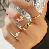 DAIIIBABYYY  -  Bohemian Gold Color Butterfly Rings Set For Women Fashion Shiny Crystal Geometric Flower Knuckle Finger Ring Jewelry Adjustable