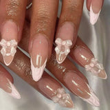 Daiiibabyyy  White Glitter Powder Bowknot Long Pointed Fake Nails Art Ballet False Nail Cow Print Pearl Rhinestone Pink Almond Press on Nails
