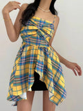 DAIIIBABYYY  -  Women Casual Sleeveless Bow Strapless Plaid Camisole Dress Summer 2025 New Retro and Stylish Irregular Short Dresses