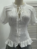 Daiiibabyyy  Hollow Out Solid Y2k V Neck Short Sleeve Single Breasted Lace-up Slim Women Shirt