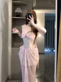 Daiiibabyyy  Vintage French Pink Dresses for Women Summer Jacquard Lace Sexy Spaghttti Strap Dress Party Night Robe Rose Fairy Vestidos