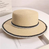 DAIIIBABYYY  -  Summer Elegant Pearl Chain Flat Sun Hat Women's Straw Panama Wide Brim Anti-UV Beach Cap Feminino Chapeu Girl Topee