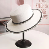 DAIIIBABYYY  -  Summer Elegant Pearl Chain Flat Sun Hat Women's Straw Panama Wide Brim Anti-UV Beach Cap Feminino Chapeu Girl Topee
