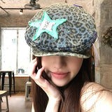 DAIIIBABYYY  -  American Leopard Print Forward Hat Men and Women Spring and Summer Five-pointed Star Sticker Design Short-brimmed Painter Cap