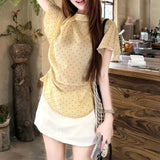 Daiiibabyyy  Fashionable Gauze Sweet Polka Dot Waist Blouse Female Clothing Short Sleeve Summer New French Style Round Neck Aura Folds Shirts