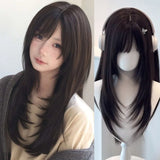 Daiiibabyyy  Synthetic Straight Women Wigs High-Layered Orange-Brown Wig with Hair Bangs 26inch Long Straight Wig for Women Daily Party Wear