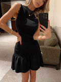 Daiiibabyyy  Women Fashion Hight Waist Sweet Mini Dress Casual Sleeveless Solid Color A-Line Dress Elegant O-neck Lace Trim Knit Short Dress