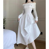 Daiiibabyyy  New Lady Sexy One Shoulder Vacation Dress Spring Women Solid Color Ruched Dress Female Chic Korean White Slim Fit Dress