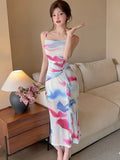DAIIIBABYYY  -  Summer Boho Print Mesh Chic Ruffled Long Dress Women Elegant Bodycon Sling Sexy Dress 2025 Korean Fashion Luxury One Piece Dress