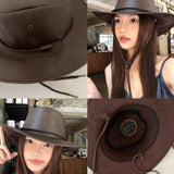 Daiiibabyyy  American Retro Western Cowboy Hat Women Outdoor Horseback Riding Travel Sun Shade Sunscreen Hat Mountaineering Hat PU Soft