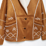 DAIIIBABYYY  -  Winter Lamb Wool Embroidery Women Coat Long Sleeve V-neck Single Breasted Female Jacket 2024 Autumn Winter Overcoat Lady Coats