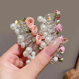 Daiiibabyyy  New Rose Flower Telephone Phone Line Hair Rope for Women Girls Elastic Pearl Ponytail Hair Loop Headwear Hair Accessories