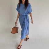 Daiiibabyyy  Women Linen Wrap Midi Dress Round Neck Short Sleeve Side Tie Ruched Irregular Hem Casual Vacation Dress