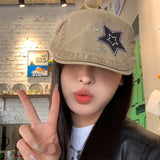 DAIIIBABYYY  -  Japanese Retro Star Patch Design Denim Forward Hat Men's and Women's Spring and Autumn Outdoor Sunshade Casual Beret