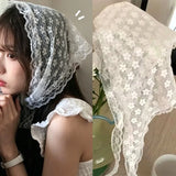 Daiiibabyyy  Summer Flower White Sweet Triangle Scarf Thin Breathable Ribbon Lace Flower Elegant Korean Ins Lace Artistic Style Travel Photo