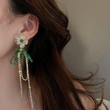 Daiiibabyyy  Sweet Clear Flower Green Crystal Tassel Long Earrings Women's Countryside Style Holiday Temperament Fashion Jewelry