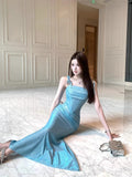 Daiiibabyyy  Elegant Blue Gown Women's Summer Slimming Long Dress Folded Waist Cinched Strapless Dress Polished Look Polyester Fabric