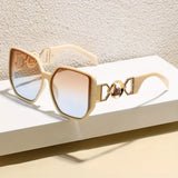 Daiiibabyyy  Women's Oversized Square Fashion Glasses with Blue-Green Gradient PC Lens - Large Round Metal Frame - Stylish