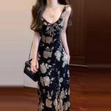 Daiiibabyyy  French Style Floral Print V-Neck Midi Dress with Lace Trim Summer New Arrival Slimming Long Gown for Women Tea Break Retro