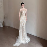Daiiibabyyy  Elegant Strapless Mermaid Wedding Party Dresses Shiny Sequins Court Training Lace Decal Prom Gown Customized Vestido De Novia