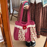 Daiiibabyyy  Y2k Aesthetic Women Dots Strawberry Print Shoulder Bags Japanese Lace Patchwork Shoulder Bags Fashion Luxury Design Underarm Bag