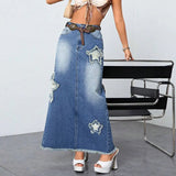 Daiiibabyyy Vintage Slit Denim Skirts Women Casual Chic American Style Baggy High Waist Trendy Streetwear Skirts