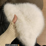 Daiiibabyyy  New Fashion Faux Rabbit Fur Bucket Hat for Women's Russian Luxury Fluffy Warm Wrap Winter Hat Fuzzy Plush Beanies Hat Y2k