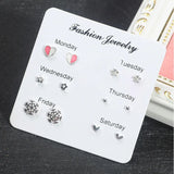 DAIIIBABYYY  -   2024 Creative Week Stud Earrings Set for Women Heart Pearl Rhinestone Earring Korean Fashion Party Jewelry Wholesale