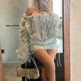 DAIIIBABYYY  -  Sexy Slash Neck Ruffles Super Mini Dress Strapless Hollow Backless Sheer Shirt Fashion Off Shoulder Ballet Blue Black Blouse