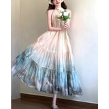DAIIIBABYYY  -  Summer New Chinese Style Sleeveless Halter Fashion Ombre Solid Color Printed Women's Clothing Temperament Thin Long Dress
