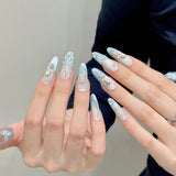 Daiiibabyyy  10pcs Handmade Press On Nails 3D Fish Tail Decor Almond False Nails Crystal Gradient Blue Cat's Eye Flash French Fake Nail Tips