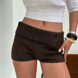 Daiiibabyyy  Women's Knit Crochet Micro Shorts Casual Slim Fit Stylish Decorative Button Ribbed Trim Foldover Mid Rise Shorts Y2K Streetwear