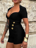 DAIIIBABYYY  -  Sexy Solid Spliced Button Slimming Jumpsuits for Women V Neck Short Sleeve High Waist  Hollow Out Chic Jumpsuits Female New