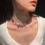 Daiiibabyyy  Y2K Jewelry Pink Crystal Flower Necklace for Women Cool Korean Fashion Cool Accessories Punk 90s Aesthetic Necklaces Cute
