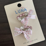 DAIIIBABYYY  -  Pink Fresh Plaid Rhinestone Bow Barrettes Sweet Cute a Pair of Hairclips All-Match Bangs a Pair of Hairclips Hair AccessoriesNew
