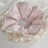 Daiiibabyyy  1PC Large Pink Plaid Hair Scrunchie With Lace Trim, Sweet Ruffled Hair Tie, Cute Hair Accessory For Women And Girls
