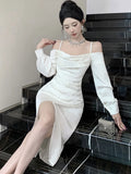DAIIIBABYYY  -  Autumn Winter White Acetate Satin Chic Sling Sexy Dress Women Long Sleeve Elegant Holiday Dress 2025 Korean Bodycon Party Dress