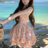 Daiiibabyyy  Vacation Style Floral Oil Painting Mini Slip Dress Female Clothing Hotsweet Summer Fashionable Lace Drawstring Ball Gown Dresses